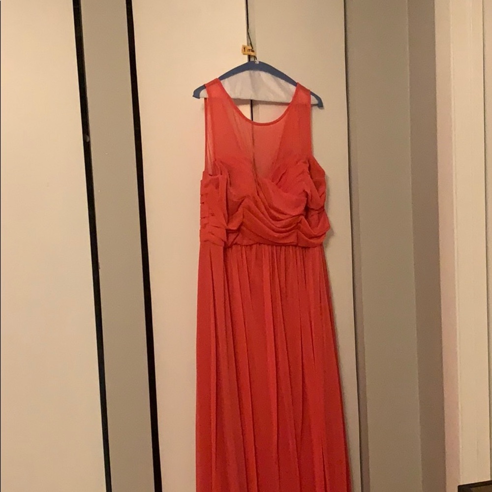 Coral long David’s Bridal Bridesmaid dress
